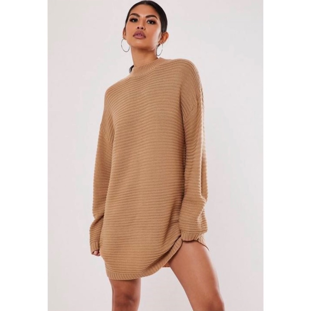 Camel High Neck Ribbed Mini Dress